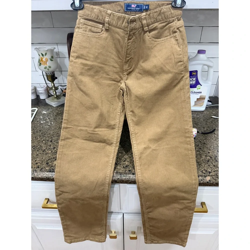 Vineyard Vines Boys Tan Corduroy Pants Size 12 Khaki Straight Leg Whale Logo‎